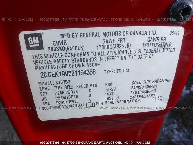 2GCEK19V521154358 - 2002 CHEVROLET SILVERADO K1500 RED photo 9