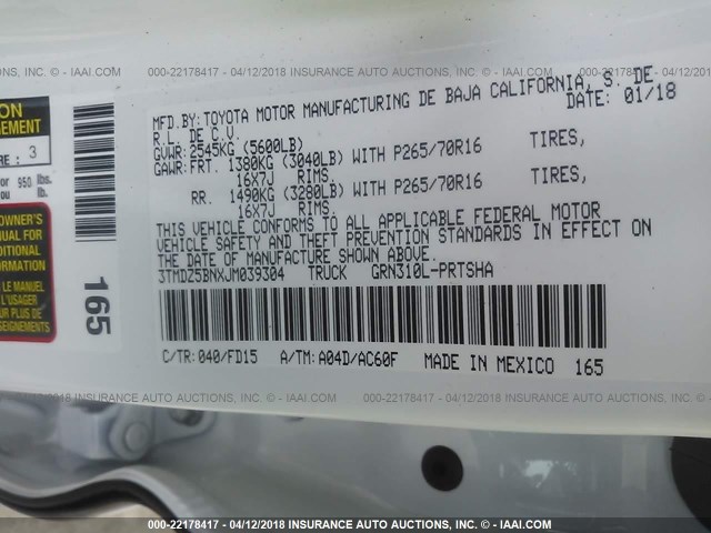 3TMDZ5BNXJM039304 - 2018 TOYOTA TACOMA DBL CAB/SR5/TRD SPORT/OR WHITE photo 9