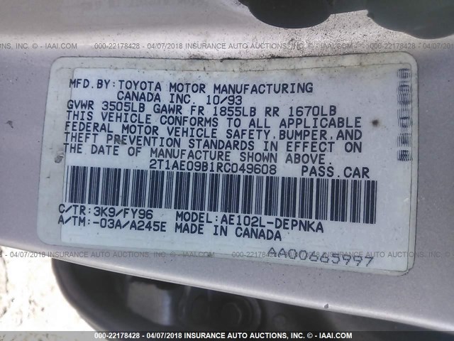 2T1AE09B1RC049608 - 1994 TOYOTA COROLLA LE/DX SILVER photo 9