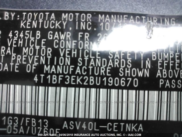 4T1BF3EK2BU190670 - 2011 TOYOTA CAMRY SE/LE/XLE Серый фото 9