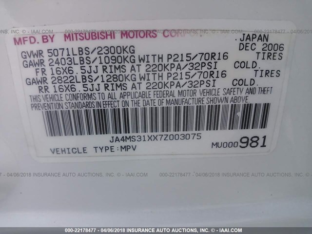 JA4MS31XX7Z003075 - 2007 MITSUBISHI OUTLANDER ES/LS Ağ foto 9