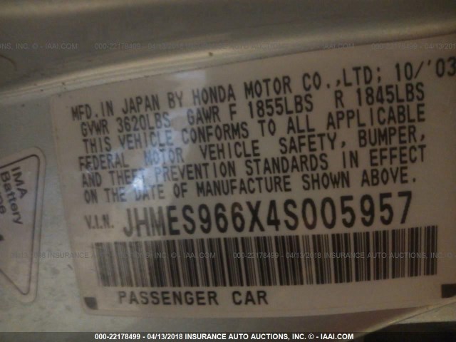 JHMES966X4S005957 - 2004 HONDA CIVIC HYBRID Light Blue photo 9