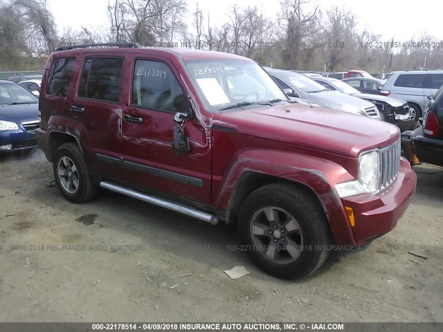 1J8GN28K88W221381 - 2008 JEEP LIBERTY SPORT BURGUNDY photo 1