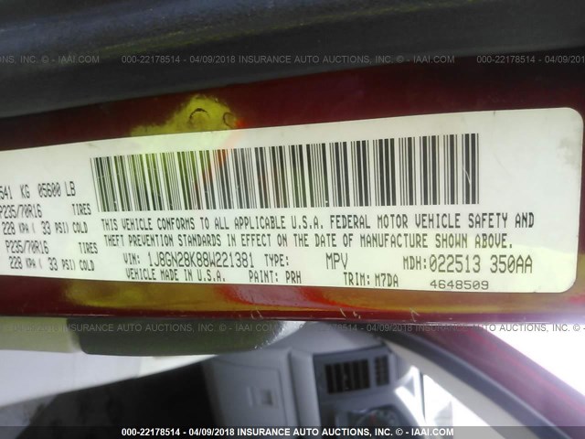 1J8GN28K88W221381 - 2008 JEEP LIBERTY SPORT 勃艮第红 照片 9