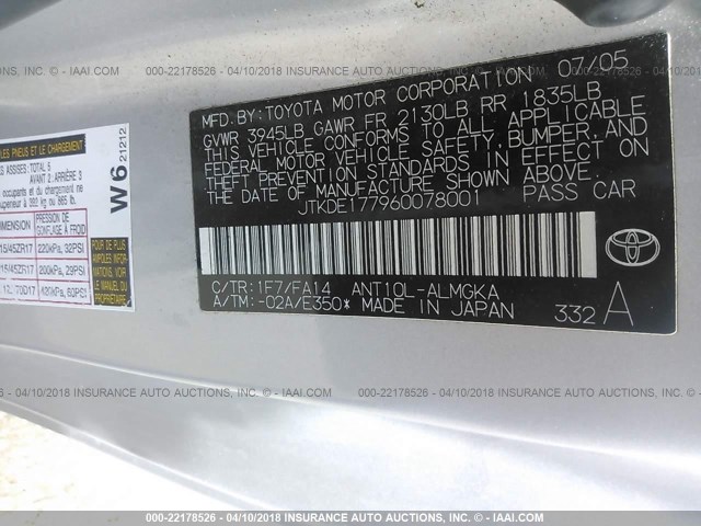 JTKDE177960078001 - 2006 TOYOTA SCION TC 银色 照片 9