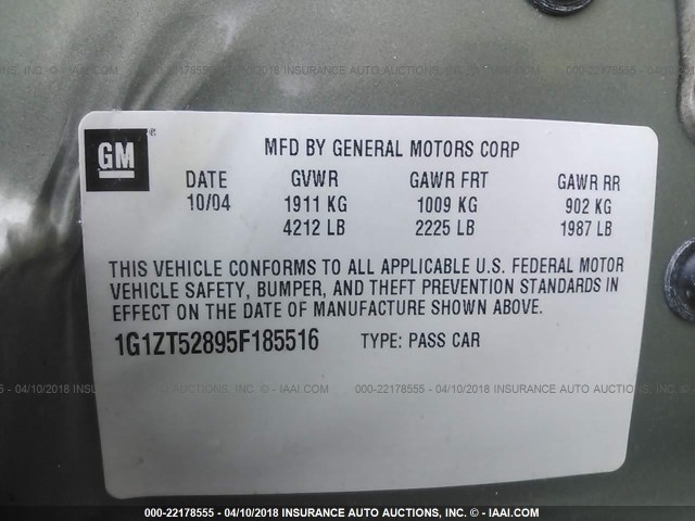 1G1ZT52895F185516 - 2005 CHEVROLET MALIBU LS TAN photo 9