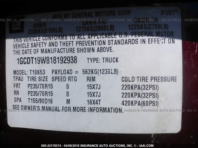 1GCDT19W818192938 - 2001 CHEVROLET S TRUCK S10 RED photo 9