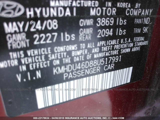 KMHDU46D88U517991 - 2008 HYUNDAI ELANTRA GLS/SE/LIMITED RED photo 9