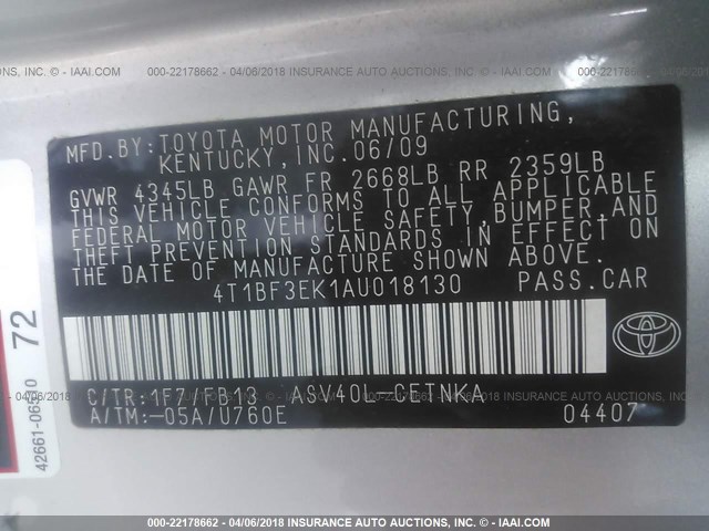 4T1BF3EK1AU018130 - 2010 TOYOTA CAMRY SE/LE/XLE SILVER photo 9