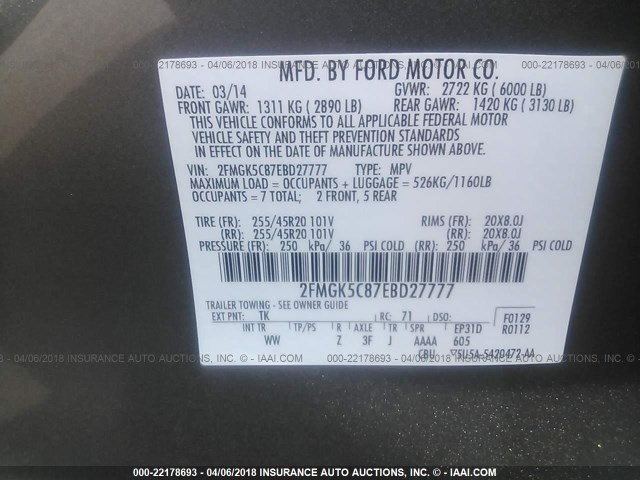 2FMGK5C87EBD27777 - 2014 FORD FLEX SEL GOLD photo 9