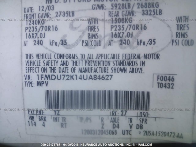 1FMDU72K14UA84627 - 2004 FORD EXPLORER XLS/XLS SPORT WHITE photo 9