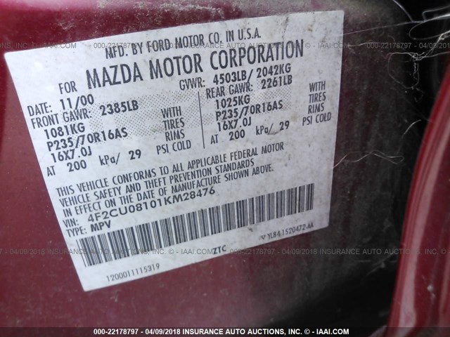 4F2CU08101KM28476 - 2001 MAZDA TRIBUTE LX/ES 红色 照片 9