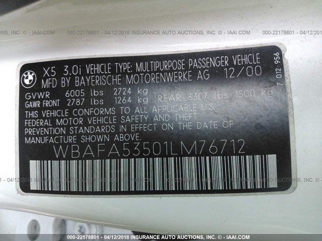 WBAFA53501LM76712 - 2001 BMW X5 3.0I WHITE photo 9