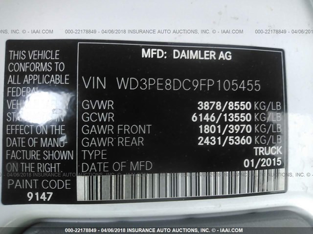 WD3PE8DC9FP105455 - 2015 MERCEDES BENZ 2500 SPRINTER  WHITE photo 9