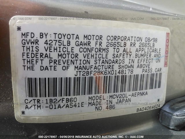 JT2BF28K6X0148178 - 1999 TOYOTA CAMRY LE/XLE SILVER photo 9