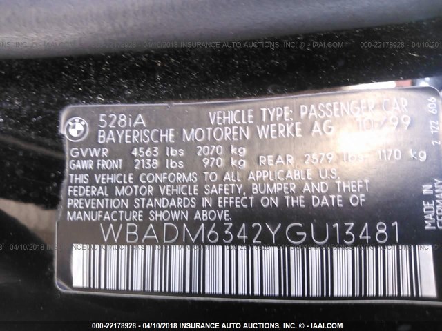 WBADM6342YGU13481 - 2000 BMW 528 I AUTOMATIC BLACK photo 9