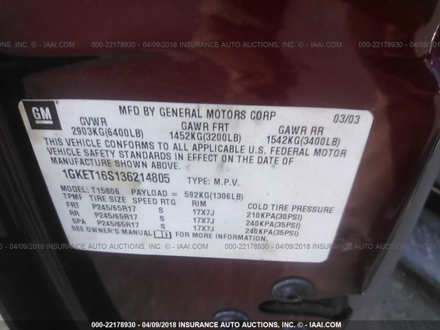 1GKET16S136214805 - 2003 GMC ENVOY XL MAROON photo 9