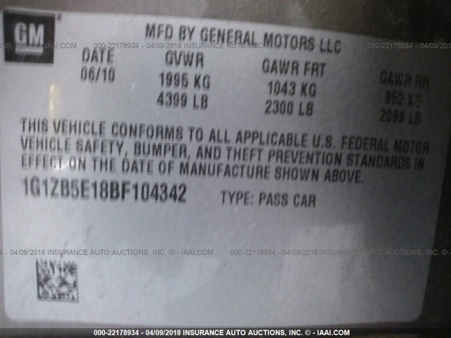 1G1ZB5E18BF104342 - 2011 CHEVROLET MALIBU LS 棕色 照片 9