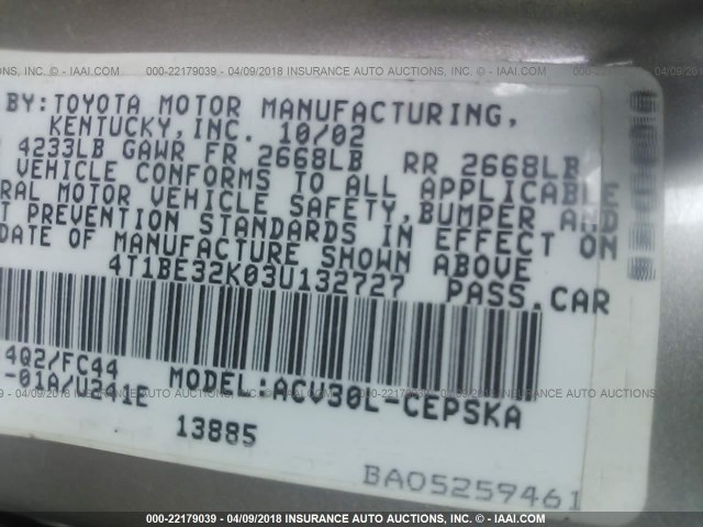 4T1BE32K03U132727 - 2003 TOYOTA CAMRY LE/XLE/SE BEIGE photo 9