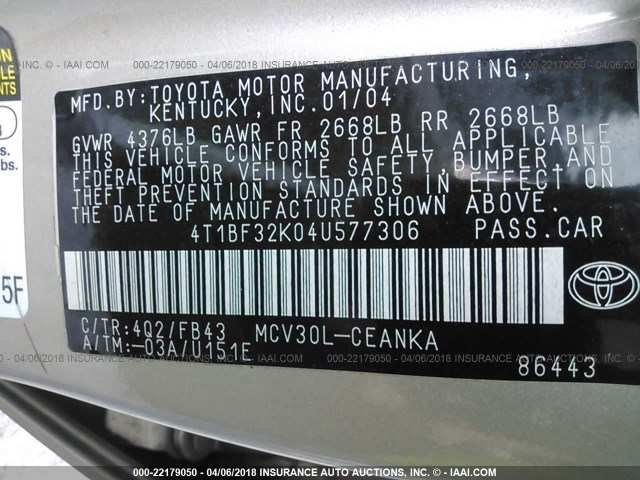 4T1BF32K04U577306 - 2004 TOYOTA CAMRY LE/XLE/SE TAN photo 9