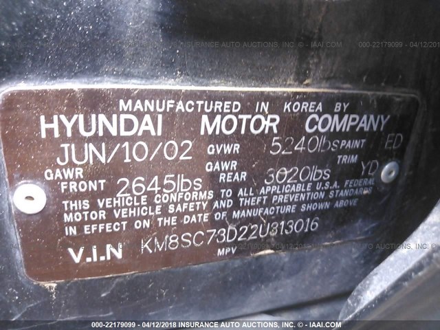 KM8SC73D22U313016 - 2002 HYUNDAI SANTA FE GLS/LX BLACK photo 9