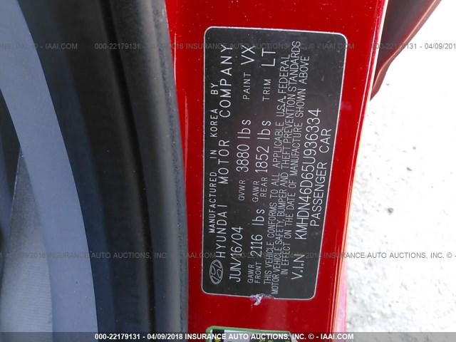 KMHDN46D65U936334 - 2005 HYUNDAI ELANTRA GLS/GT RED photo 9