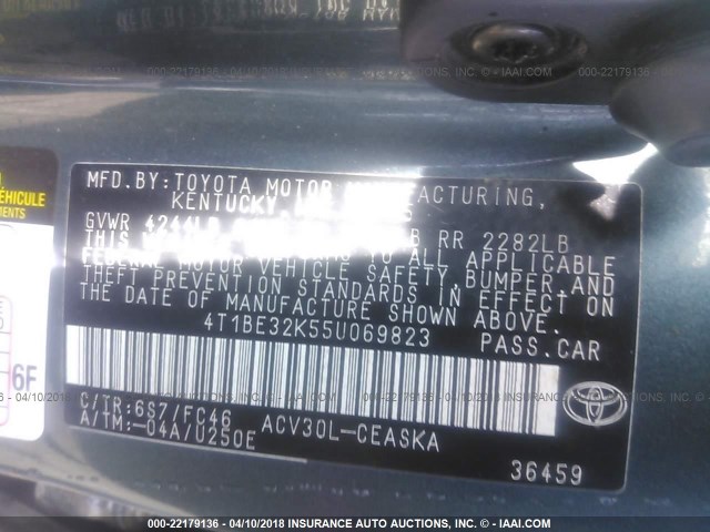 4T1BE32K55U069823 - 2005 TOYOTA CAMRY LE/XLE/SE GREEN photo 9