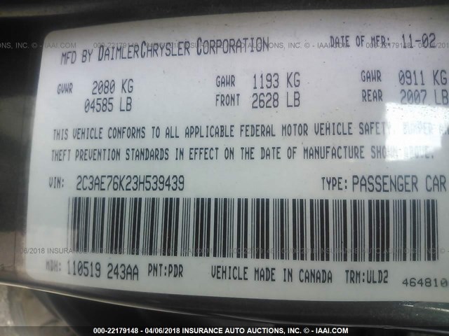 2C3AE76K23H539439 - 2003 CHRYSLER 300M SPECIAL ნაცრისფერი ფოტო 9