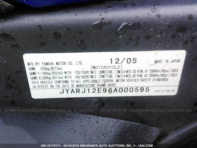 JYARJ12E96A000595 - 2006 YAMAHA YZFR6 L BLUE photo 10