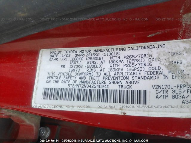 5TEHN72N34Z340240 - 2004 TOYOTA TACOMA DOUBLE CAB 红色 照片 9