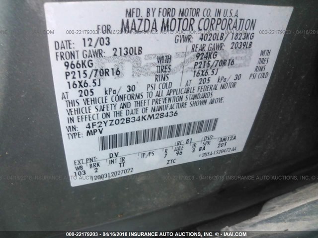 4F2YZ02B34KM28436 - 2004 MAZDA TRIBUTE DX 绿色 照片 9