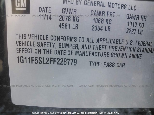 1G11F5SL2FF228779 - 2015 CHEVROLET MALIBU LTZ 灰色 照片 9