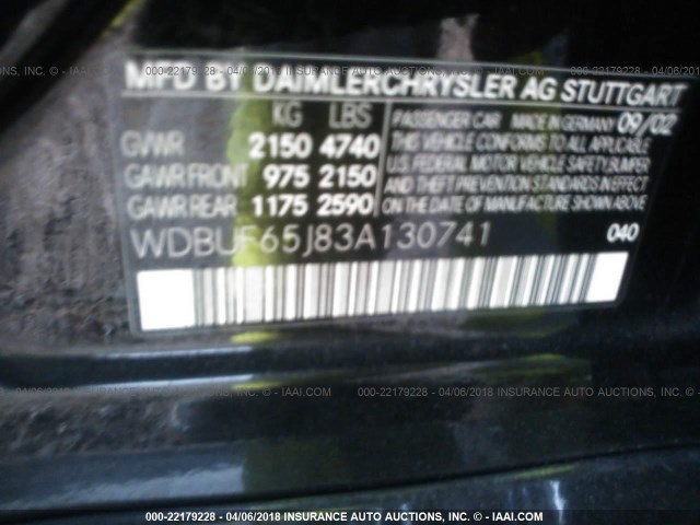 WDBUF65J83A130741 - 2003 MERCEDES-BENZ E 320 BLACK photo 9