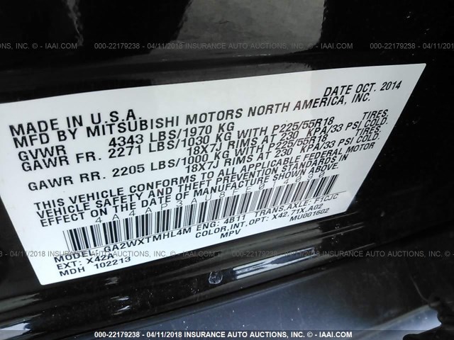 4A4AP3AU8FE014090 - 2015 MITSUBISHI OUTLANDER SPORT ES BLACK photo 9