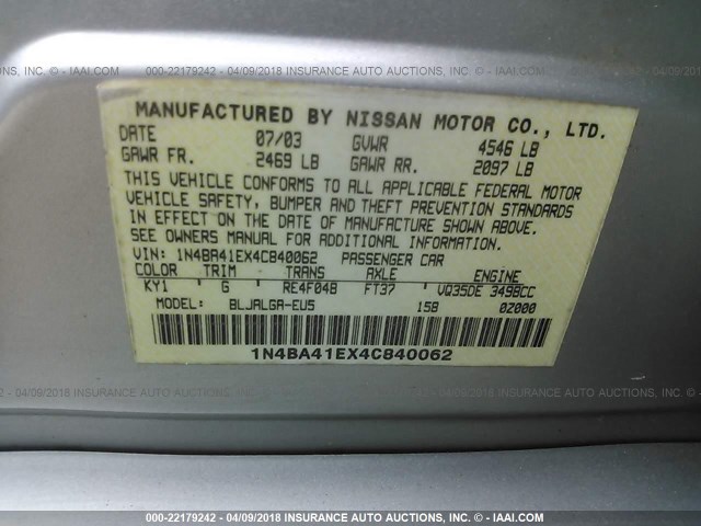 1N4BA41EX4C840062 - 2004 NISSAN MAXIMA SE/SL SILVER photo 9