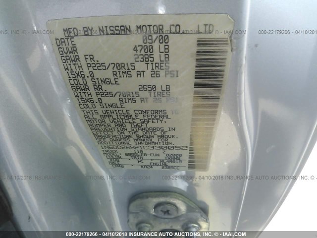 1N6DD26S21C330052 - 2001 NISSAN FRONTIER KING CAB XE SILVER photo 9