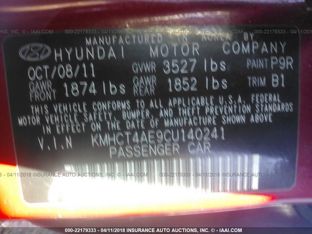 KMHCT4AE9CU140241 - 2012 HYUNDAI ACCENT GLS/GS RED photo 9