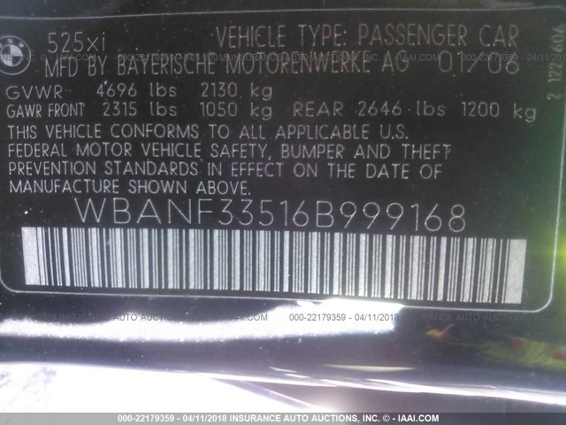 WBANF33516B999168 - 2006 BMW 525 XI Czarny zdjęcie 9