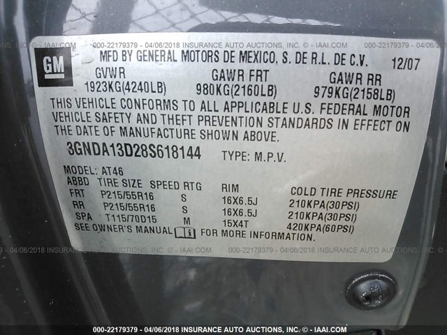 3GNDA13D28S618144 - 2008 CHEVROLET HHR LS 灰色 照片 9