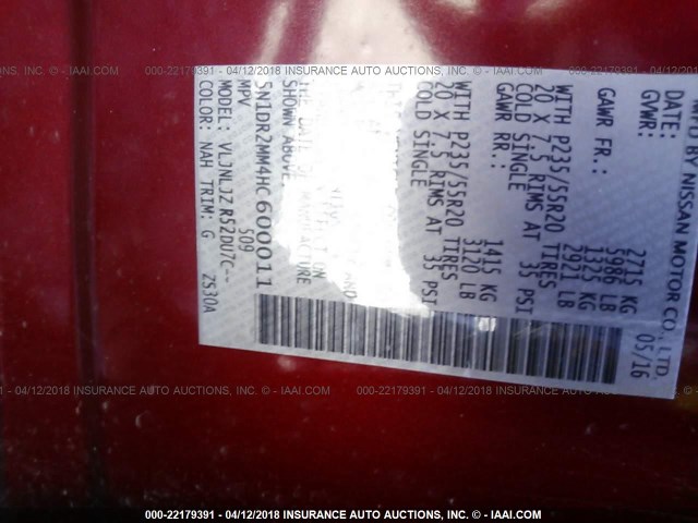 5N1DR2MM4HC600011 - 2017 NISSAN PATHFINDER S/SV/SL/PLATINUM 红色 照片 9