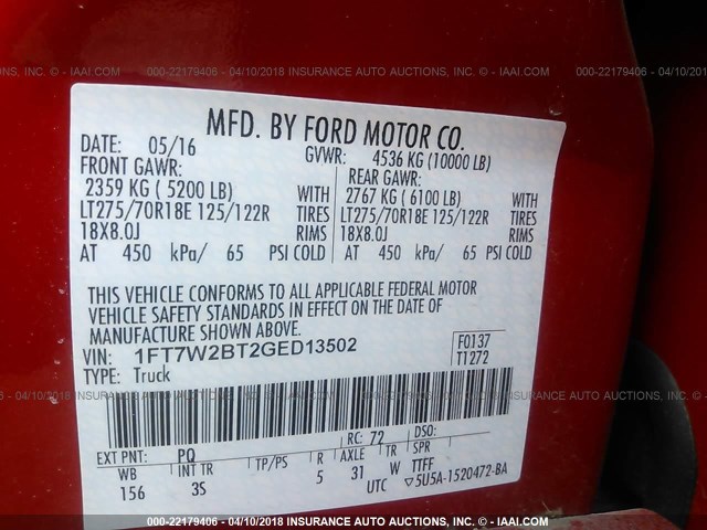 1FT7W2BT2GED13502 - 2016 FORD F250 SUPER DUTY RED photo 9