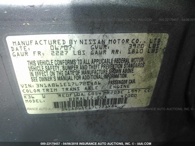 3N1AB61E17L721486 - 2007 NISSAN SENTRA 2.0/2.0S/2.0SL GRAY photo 9