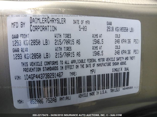 1D4GP44373B291467 - 2003 DODGE GRAND CARAVAN SPORT TAN photo 9