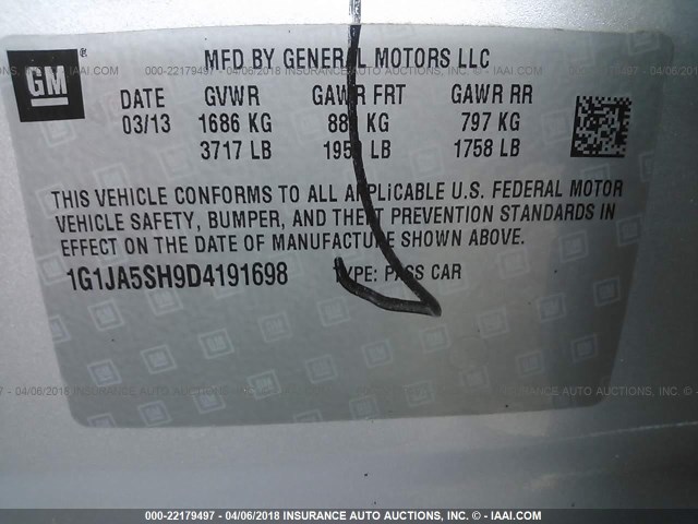 1G1JA5SH9D4191698 - 2013 CHEVROLET SONIC LS 银色 照片 9