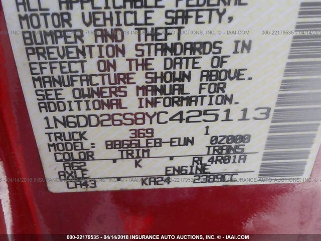 1N6DD26S8YC425113 - 2000 NISSAN FRONTIER KING CAB XE RED photo 9