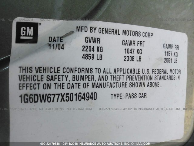 1G6DW677X50164940 - 2005 CADILLAC STS Կանաչ լուսանկար 9