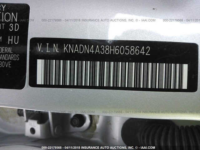 KNADN4A38H6058642 - 2017 KIA RIO EX/SX SILVER photo 9