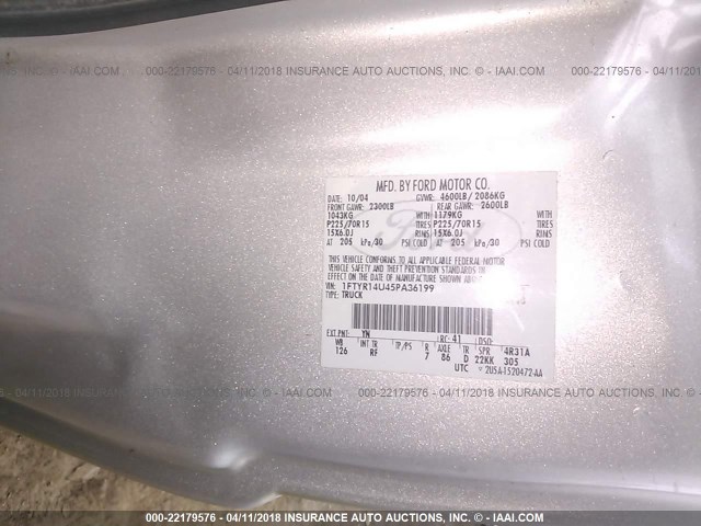 1FTYR14U45PA36199 - 2005 FORD RANGER SUPER CAB SILVER photo 9