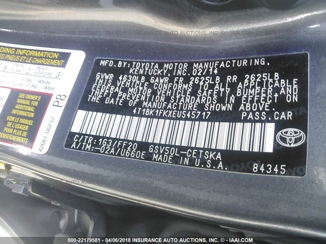 4T1BK1FKXEU545717 - 2014 TOYOTA CAMRY SE/XLE GRAY photo 9