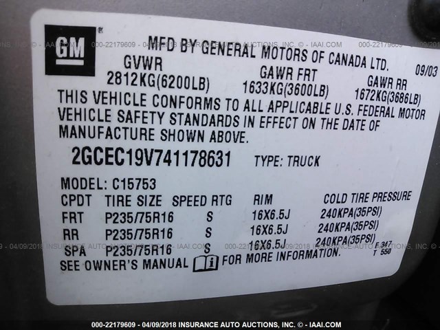 2GCEC19V741178631 - 2004 CHEVROLET SILVERADO C1500 SILVER photo 9